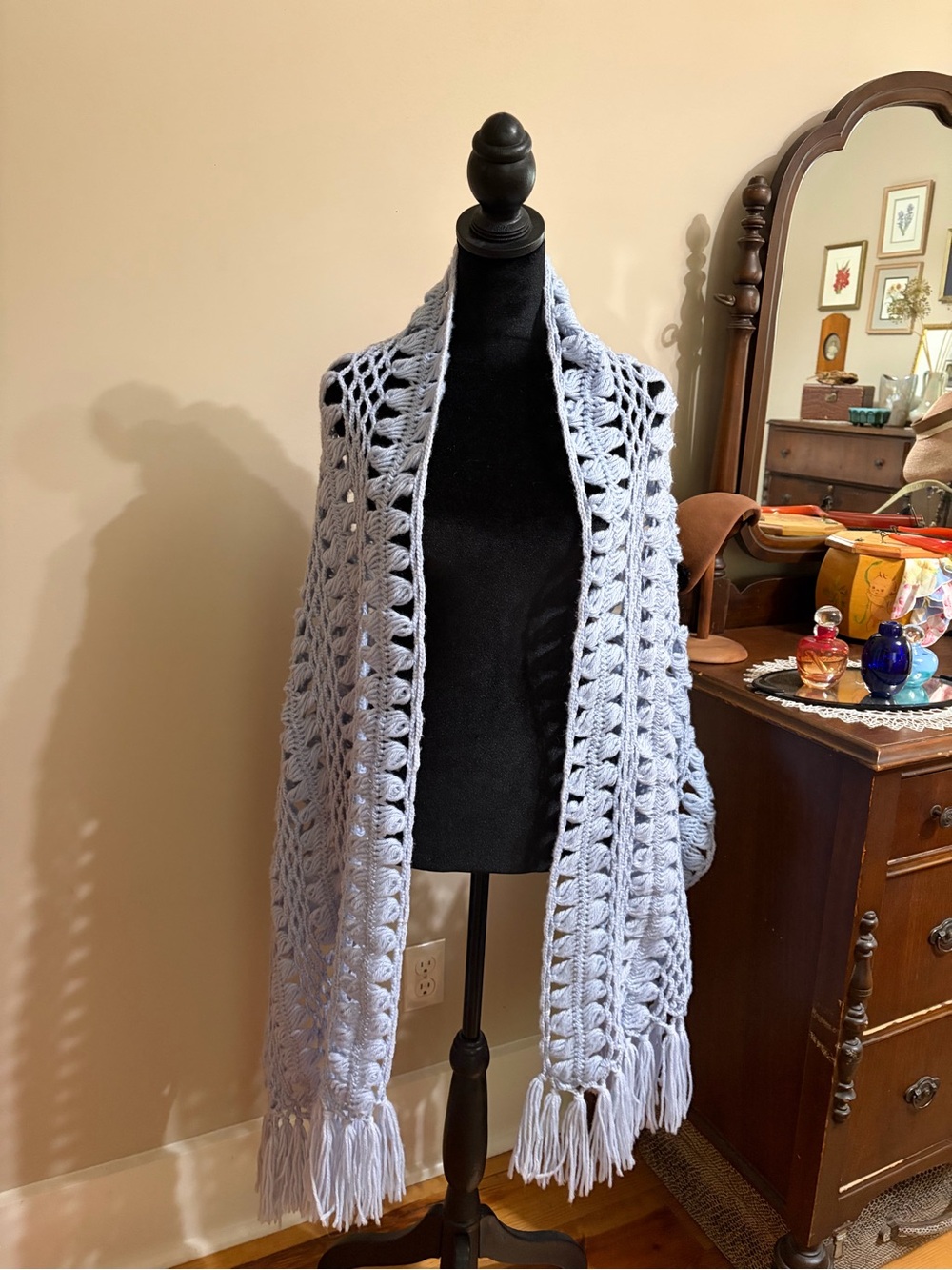 Handmade Light Blue Crochet Fringe Shawl - Soft Wrap for BOHO Looks